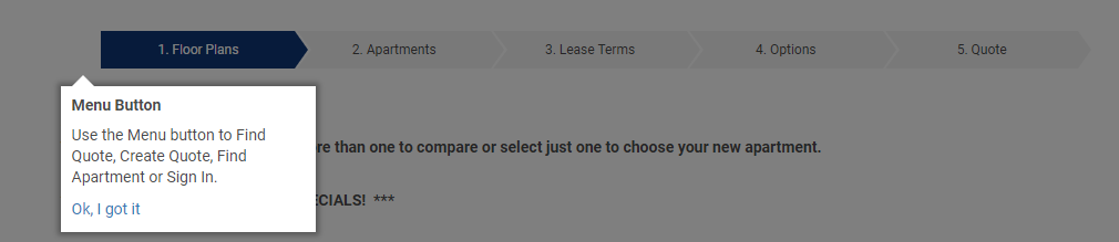 Quote process example snippet from online leasing portal