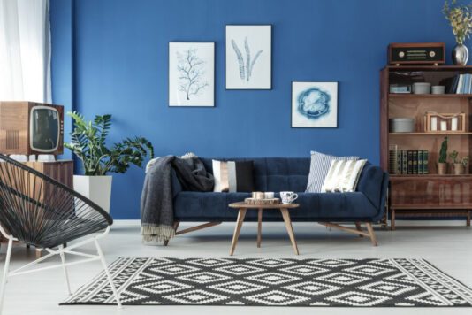 Stylish room in blues with blue wall